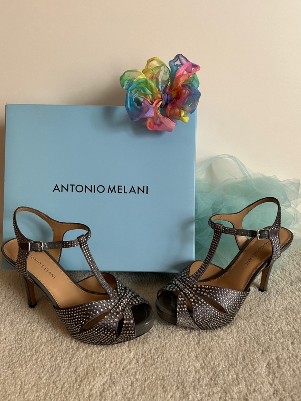 ANTONIO MELANI T-Strap Peep Toe Sandals with Rhinestone Detail Dover Grey